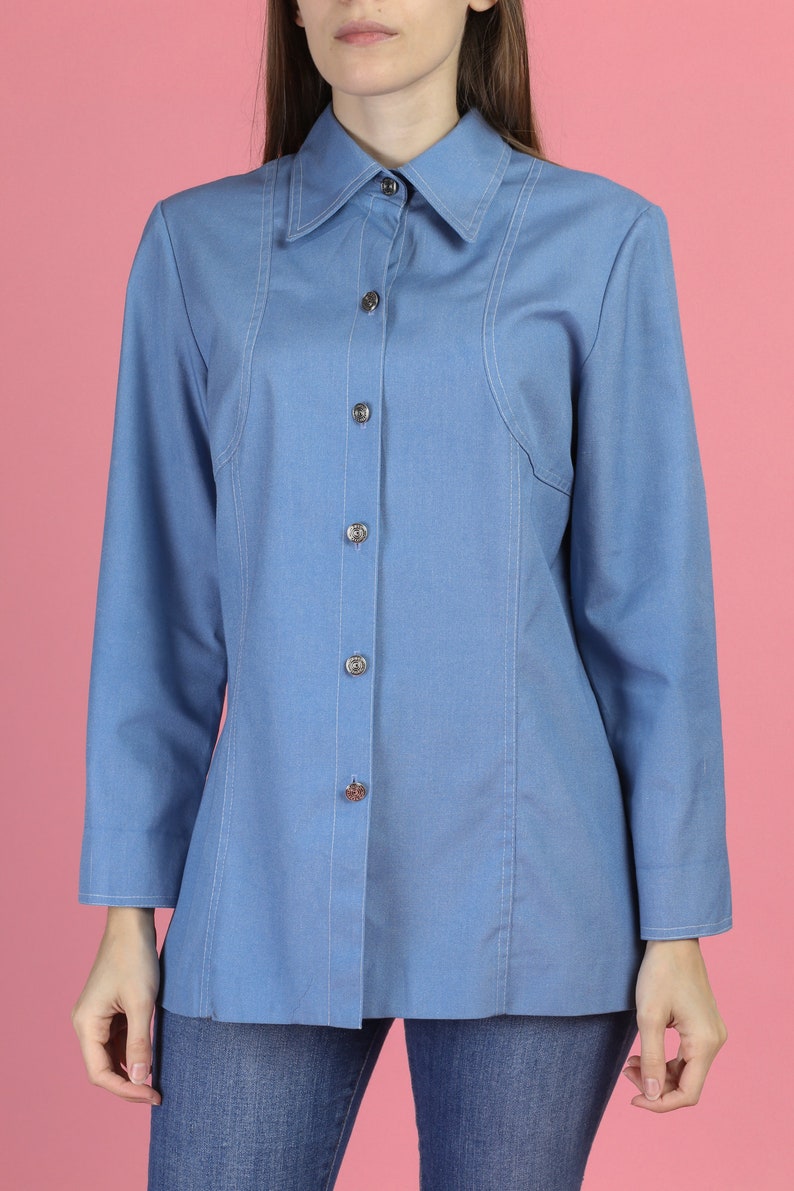 Medium 70s Mod Blue Pointed Collar Shirt Vintage Button Up Long Sleeve Overshirt Disco Top