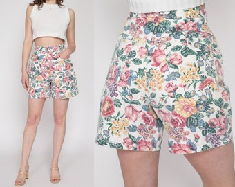 Medium 90s Floral High Waisted Denim Shorts 29" | Vintage White Flower Print Jean Shorts