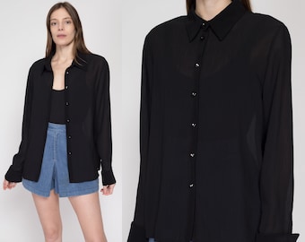 XL 90s Sheer Black Accordion Pleated Cufflink Blouse | Vintage Button Up Long Sleeve Collared Shirt