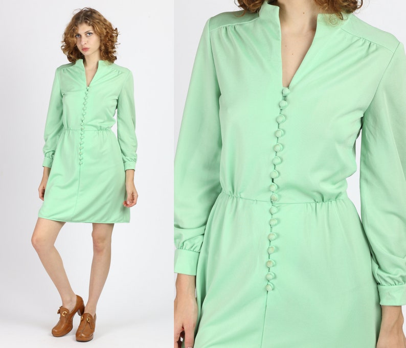 70s Green Button Front Mini Dress  Extra Small  Vintage image 1