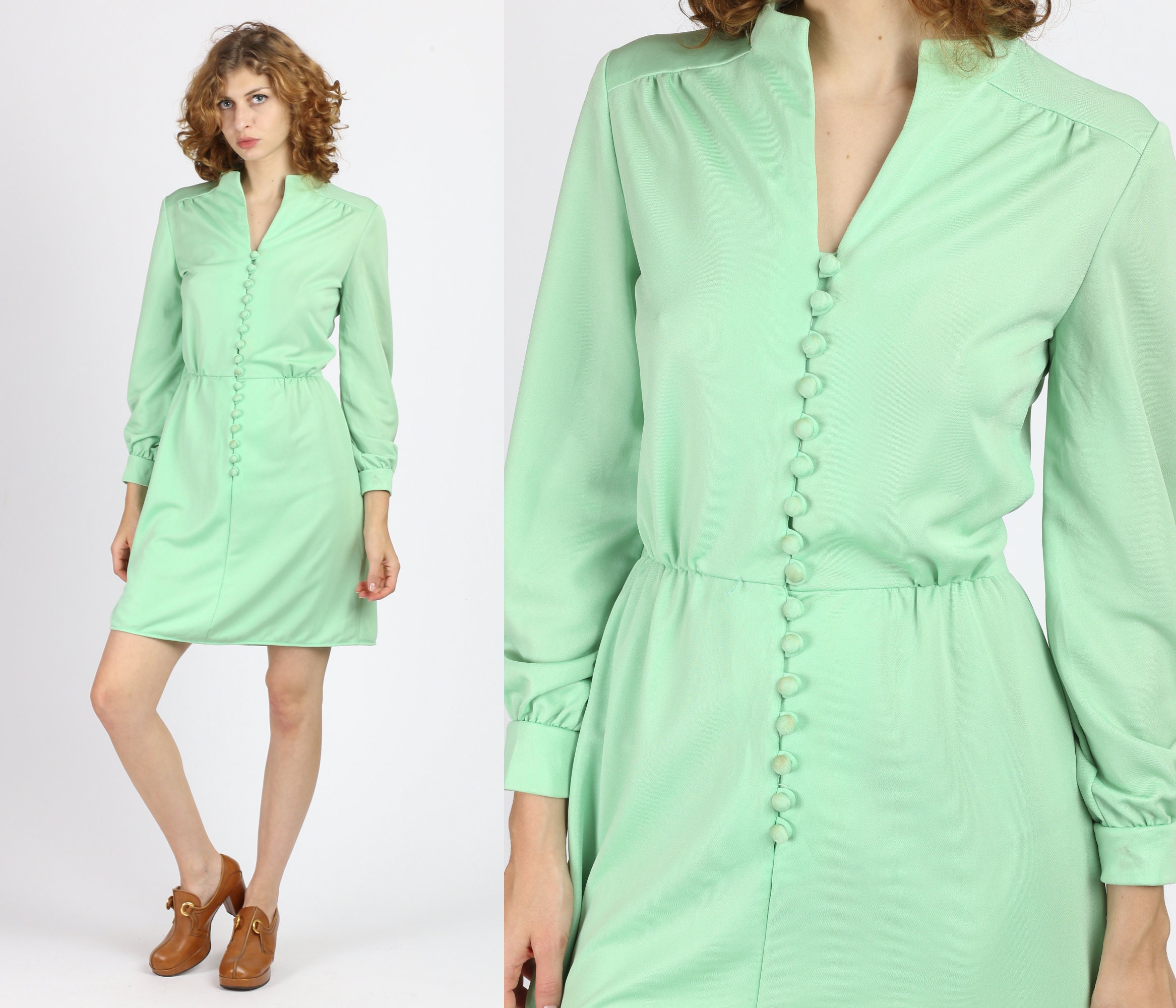 70s Mint Green Button Front Mini Dress 