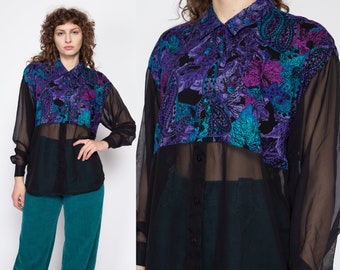 Medium 90s Sheer & Abstract Paisley Print Blouse | Vintage Grunge Long Sleeve Collared Button Up Top