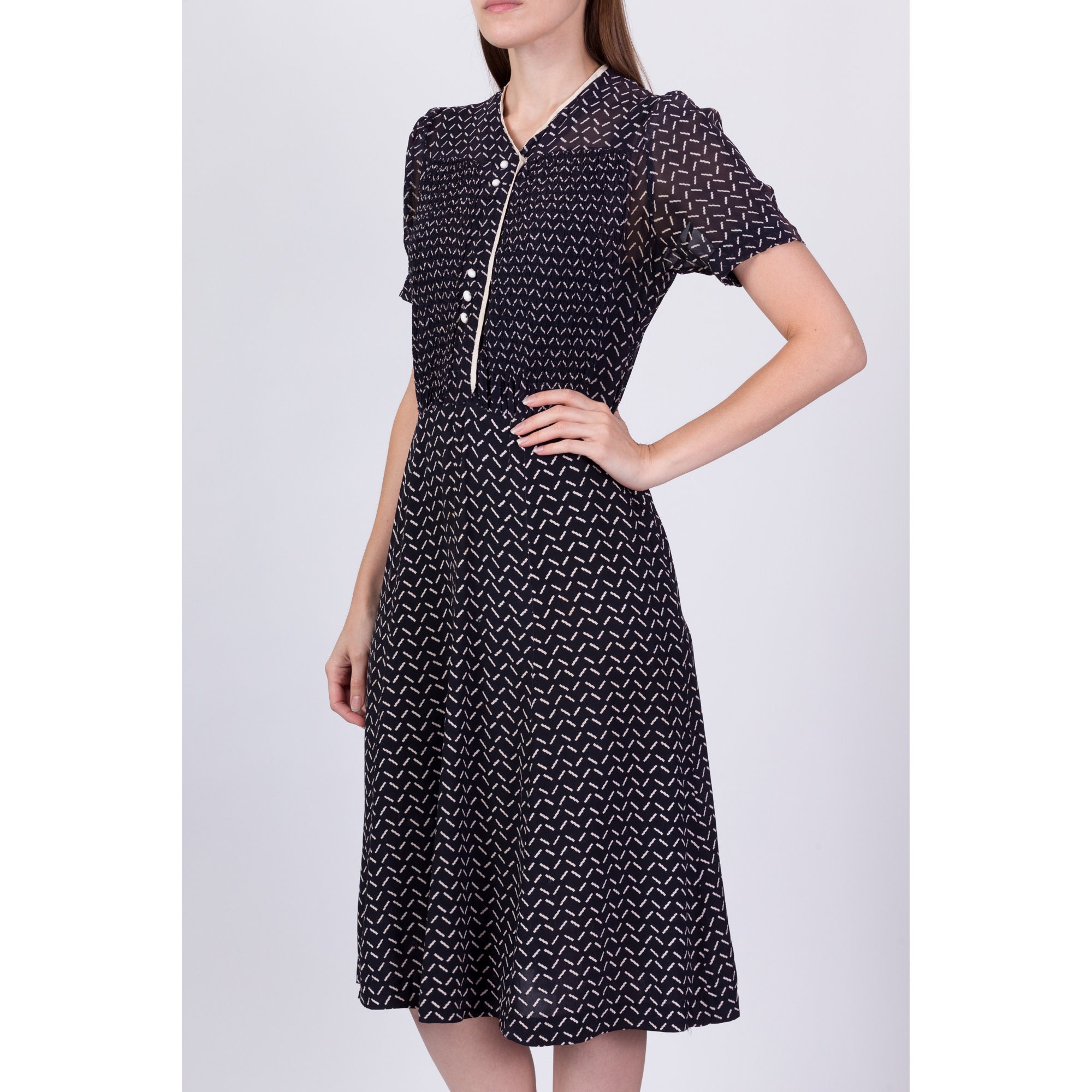 Medium 1940s Black White Sheer Midi Shirtdress as is Etsy Ireland