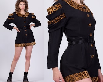Medium 80s Animal Print Faux Fur Trim Puff Sleeve Romper | Vintage Karin Black Jumpsuit Outfit