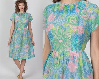 60s 70s Watercolor Floral Day Dress Large | Vintage Colorful Pleated Fit & Flare Midi