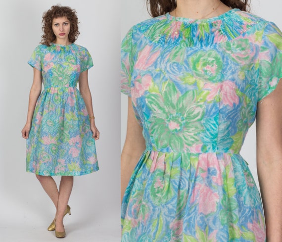 60s 70s Watercolor Floral Day Dress Large | Vinta… - image 1