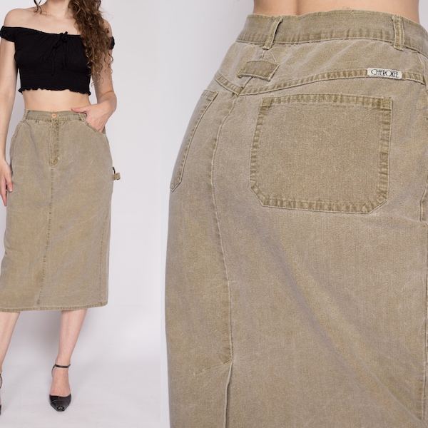 Medium 90s Olive Khaki Midi Carpenter Skirt 28" | Vintage High Waisted A Line Cotton Cargo Skirt
