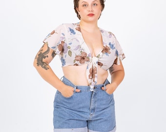 Vintage 90s Sheer White Floral Tie Front Crop Top - Large | Flutter Sleeve Cropped Blouse, Deep V Neck Shirt