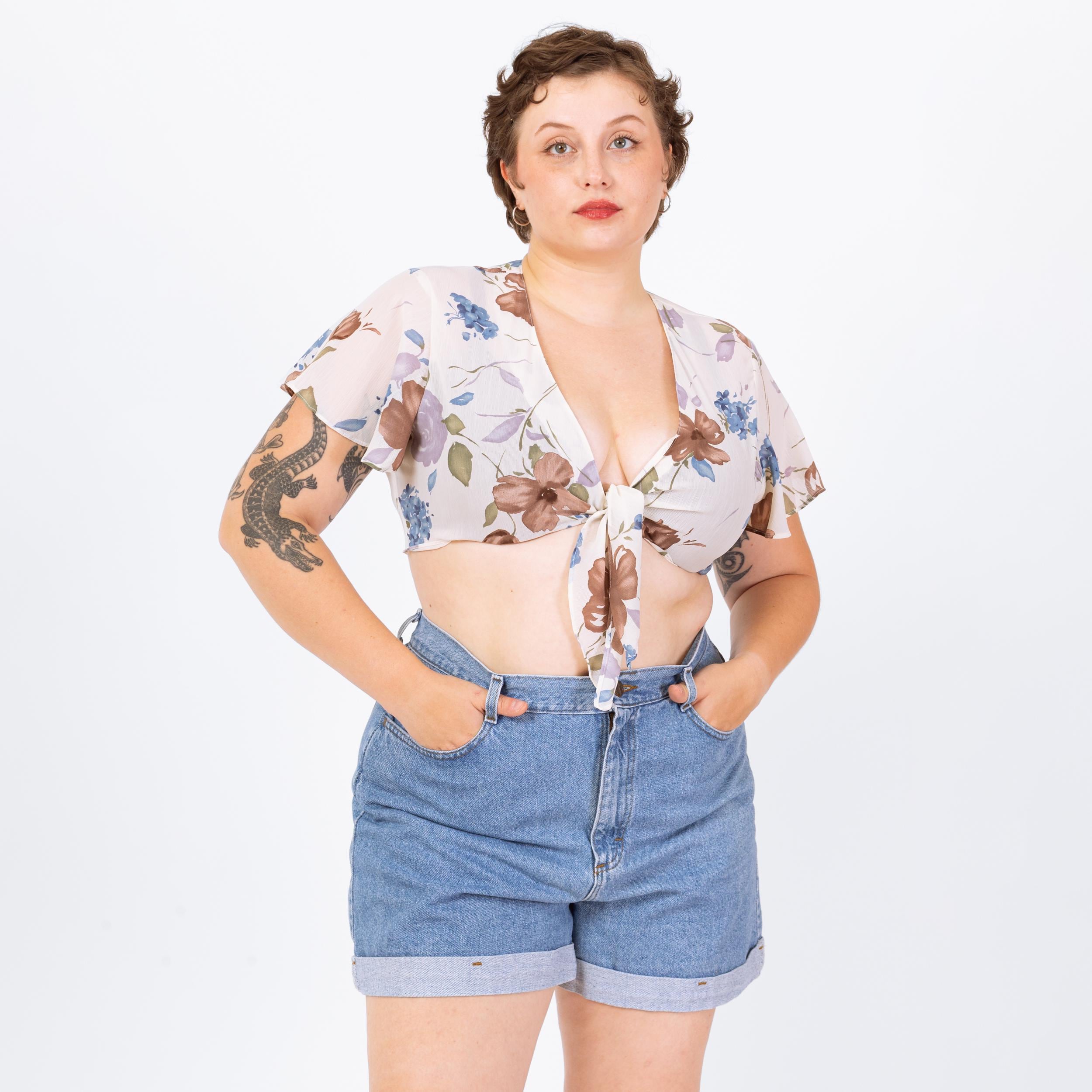 Vintage 90s Sheer White Floral Tie Front Crop Top - Large