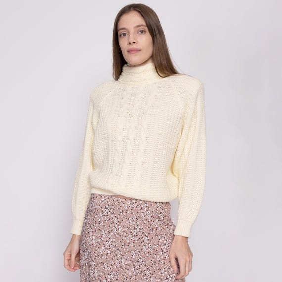 Pull Vintage Col Roulé - Maille Torsadée Blanc - Taille 36 - Occasion Très Bon état