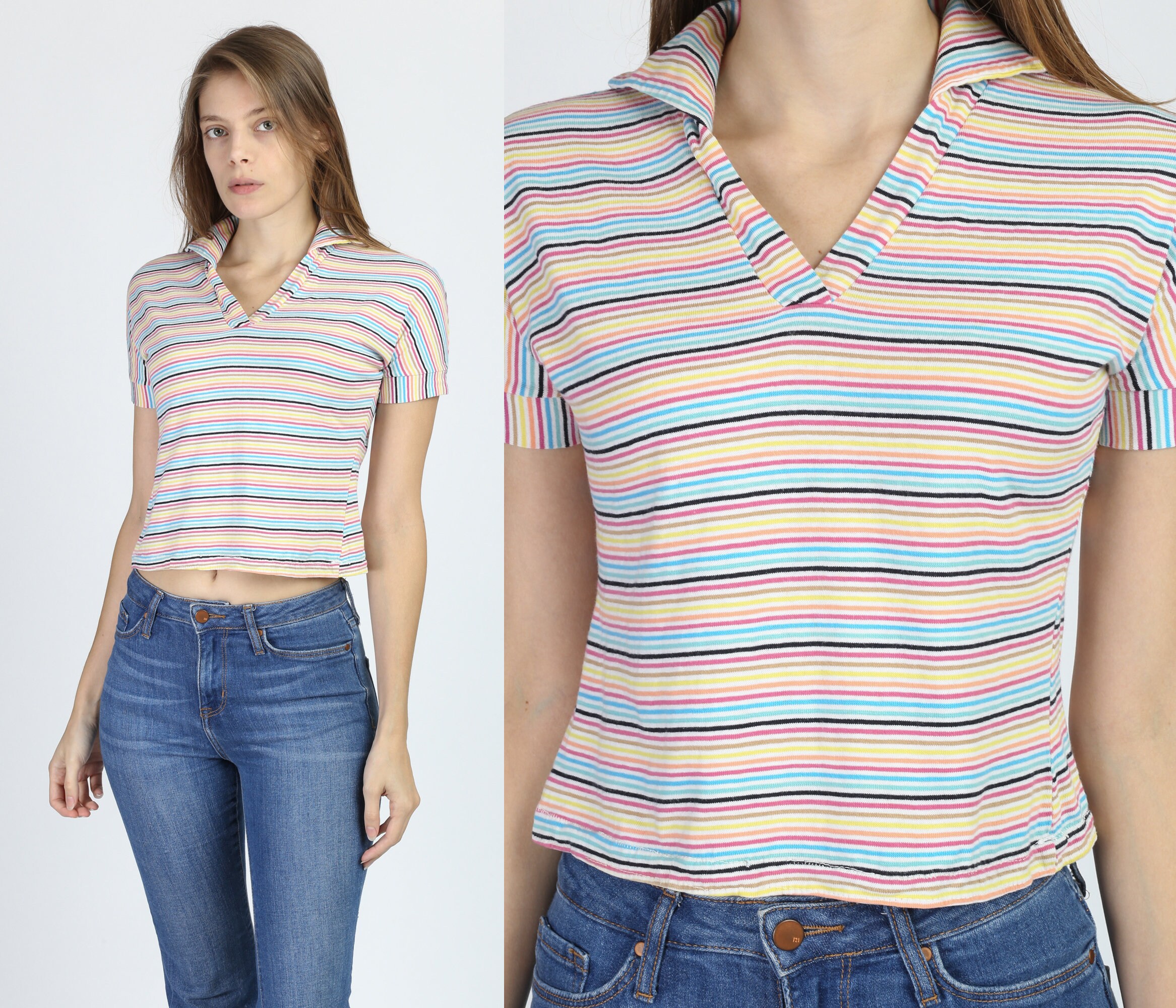80s Striped Polo Crop Top Medium 