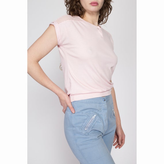 Medium 80s Baby Pink Mesh Cap Sleeve Shirt | Vint… - image 4