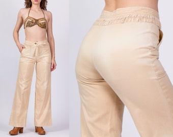 Small 70s Sun-Faded Khaki Trousers 27.5" | Vintage High Waist Boho Flared Leg Pants