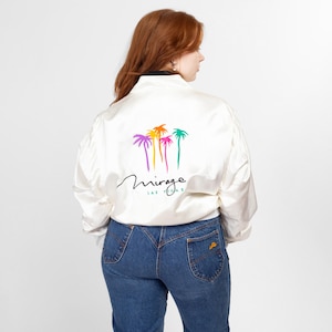 Lrg-XL 80s Mirage Las Vegas White Satin Bomber Jacket | Vintage Zip Up Embroidered Graphic Lightweight Cafe Racer Windbreaker