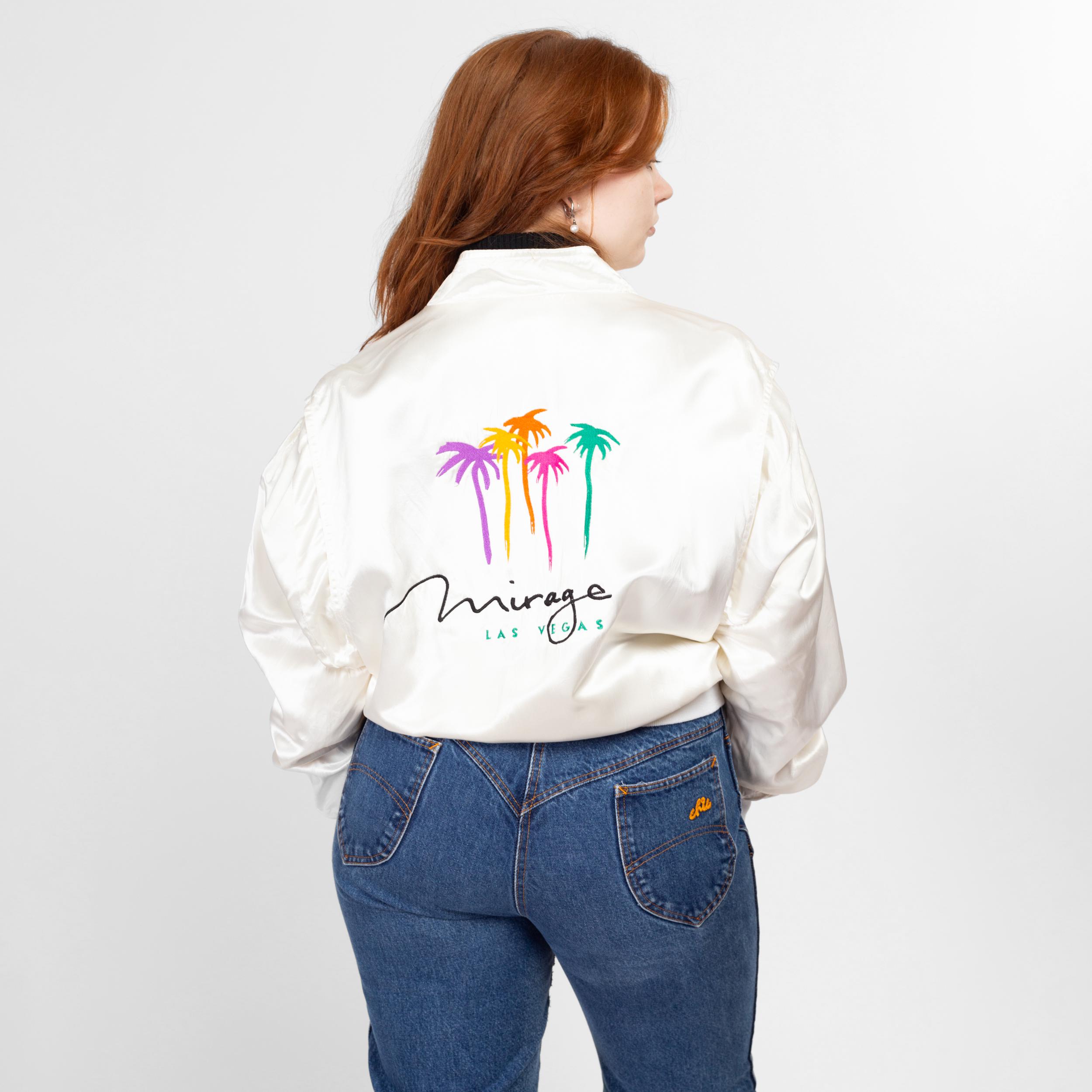 80s Mirage Las Vegas White Satin Bomber Jacket - Large to XL