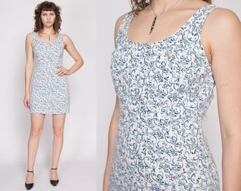 Medium 90s Blue Floral Denim Mini Dress | Vintage Rampage Sleeveless Jean Dress
