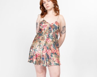 Large 90s Victoria&#39;s Secret Floral Satin Slip Dress | Vintage Low Back Lingerie Mini Chemise Nightie