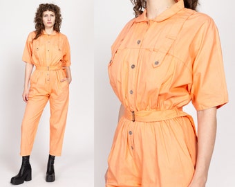 Medium 80s Pastel Orange Belted Coverall Jumpsuit | Retro Vintage Collared Straight Leg Boiler Suit One Piece Outfit