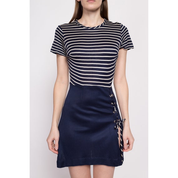 Small 60s 70s Nautical Striped High Slit Dress | … - image 2