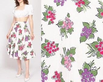 XS 50s 60s Cactus Flower Novelty Print Circle Skirt | Vintage White Floral Handmade High Waisted Yoke Midi Skirt