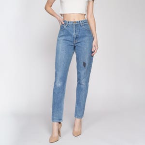 Small 80s Calvin Klein High Waisted Mom Jeans 27&quot; | Vintage CK Denim Tapered Leg Distressed Jeans