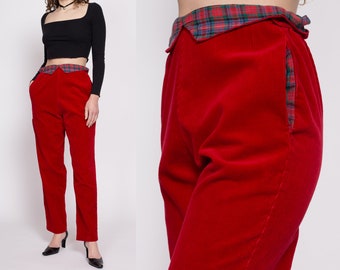 Medium 80s Red Corduroy Plaid Trim Pants 28.5"-30.5" | Vintage High Waisted Fold Over Paperbag Tapered Leg Retro Trousers