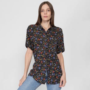 Large 90s Black Floral Gauzy Button Up Shirt | Vintage Boho Short Sleeve Rayon Top