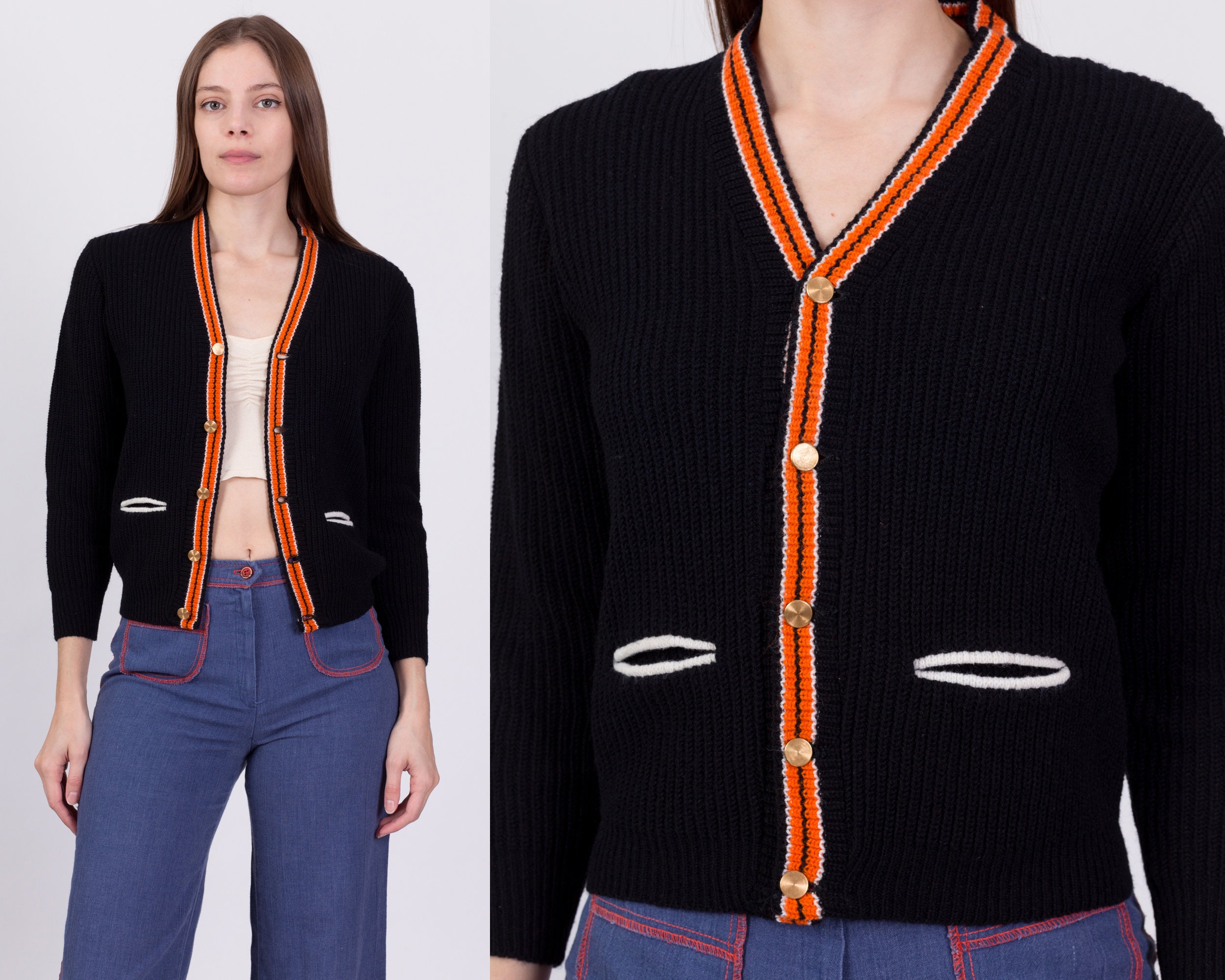 70s Black Striped Trim Knit Cardigan Petite Small Vintage - Etsy UK