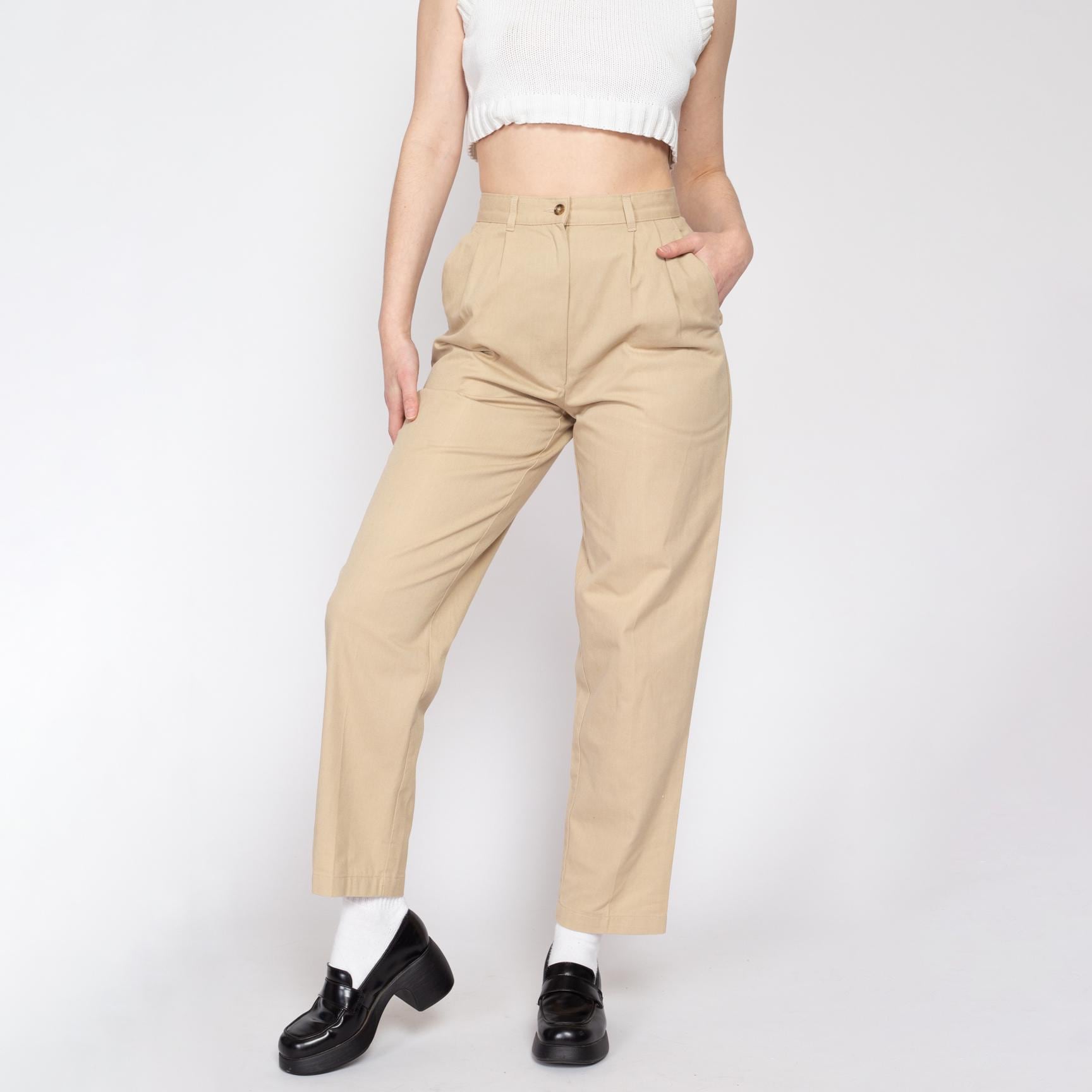80s Khaki High Waisted Trousers - Small, 27