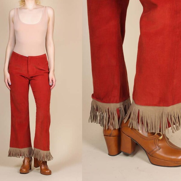 70s Corduroy Flared Fringe Trousers - Medium | Vintage Rust Red Bell Bottom Mid Rise Hippie Suede Trim Pants