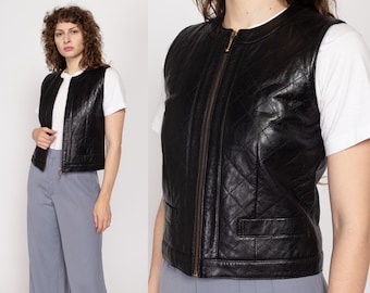 Medium 90s Quilted Black Leather Vest | Vintage Zip Up Sleeveless Top