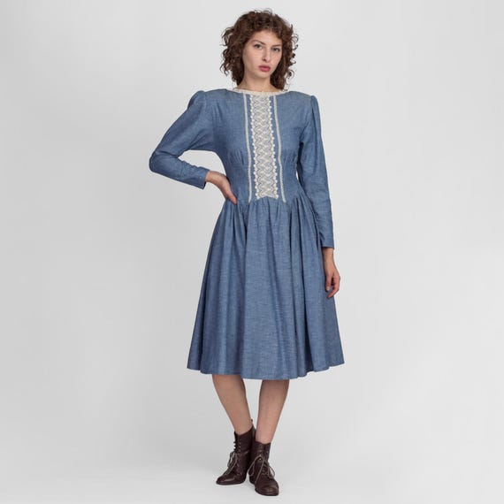 Gunne Sax Dress 70s Chambray & Lace Cottagecore Dress… - Gem