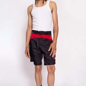 Size 36 90s Speed Wear Board Shorts | Vintage Black Red Color Block Long Swim Shorts