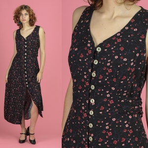 90s Grunge Floral Button up Dress - Large | Vintage Black