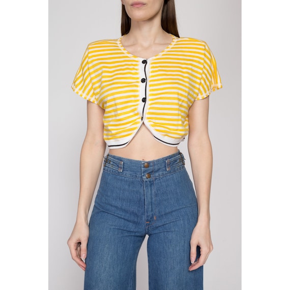 Large 80s Yellow Striped Button Up Crop Top | Ret… - image 2