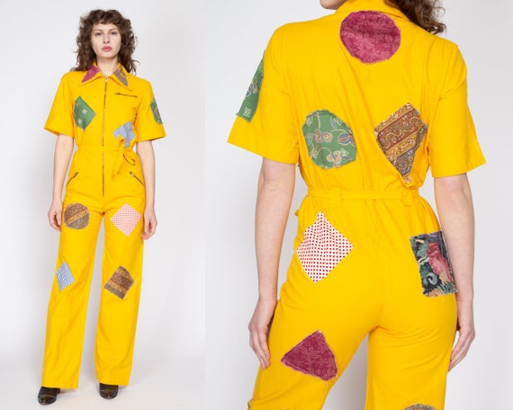 70s Yellow Patchwork Coverall Jumpsuit - Medium |… - image 2