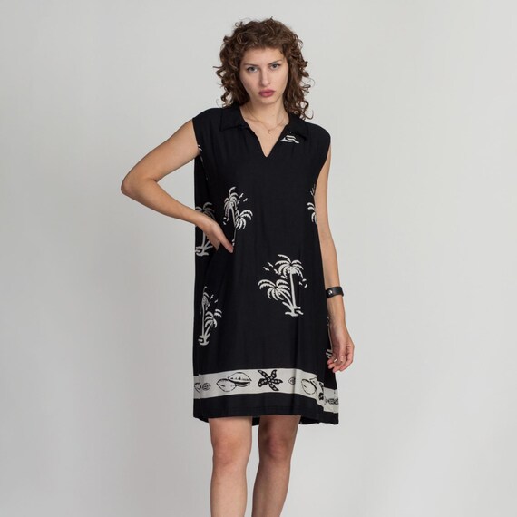 2X 3X 90s Black Palm Tree Print Mini Sundress Vintage Hawaiian Collared Sleeveless Swing Dress Etsy