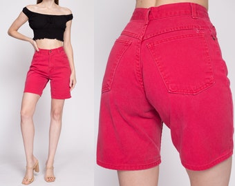 90s Red High Waisted Jean Shorts Extra Small, 25" | Vintage Denim High Rise Bermuda Mom Shorts