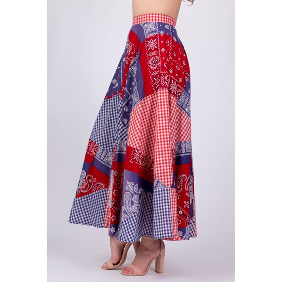 70s Patchwork Bandana Print Maxi Skirt Small, 26"… - image 3