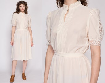 70s Sheer Cream Lace Trim Dress Large | Vintage Boho Cottagecore Puff Sleeve Midi Dress
