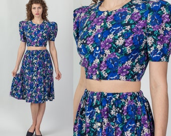 Vintage 90s Does 40s Floral Skirt Set XS to Small | Boho Cropped Blouse & High Waist Midi Skirt Two Piece Outfit