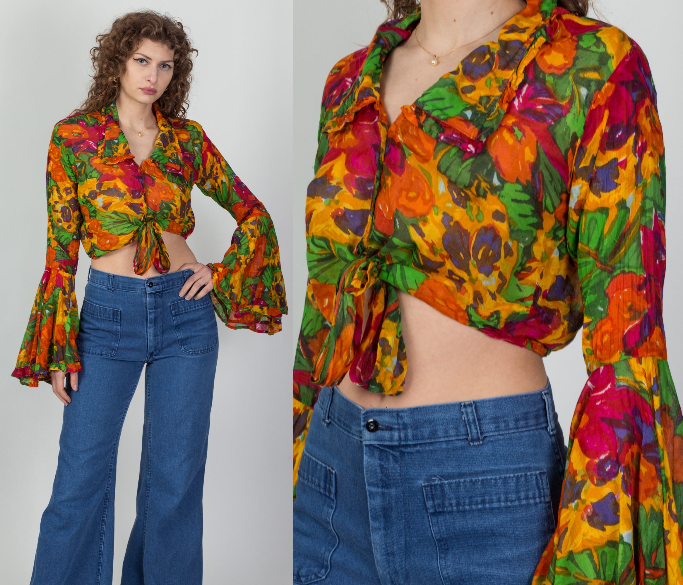 craft Forklaring ligning 70s Floral Angel Sleeve Crop Top Large Vintage Orange - Etsy