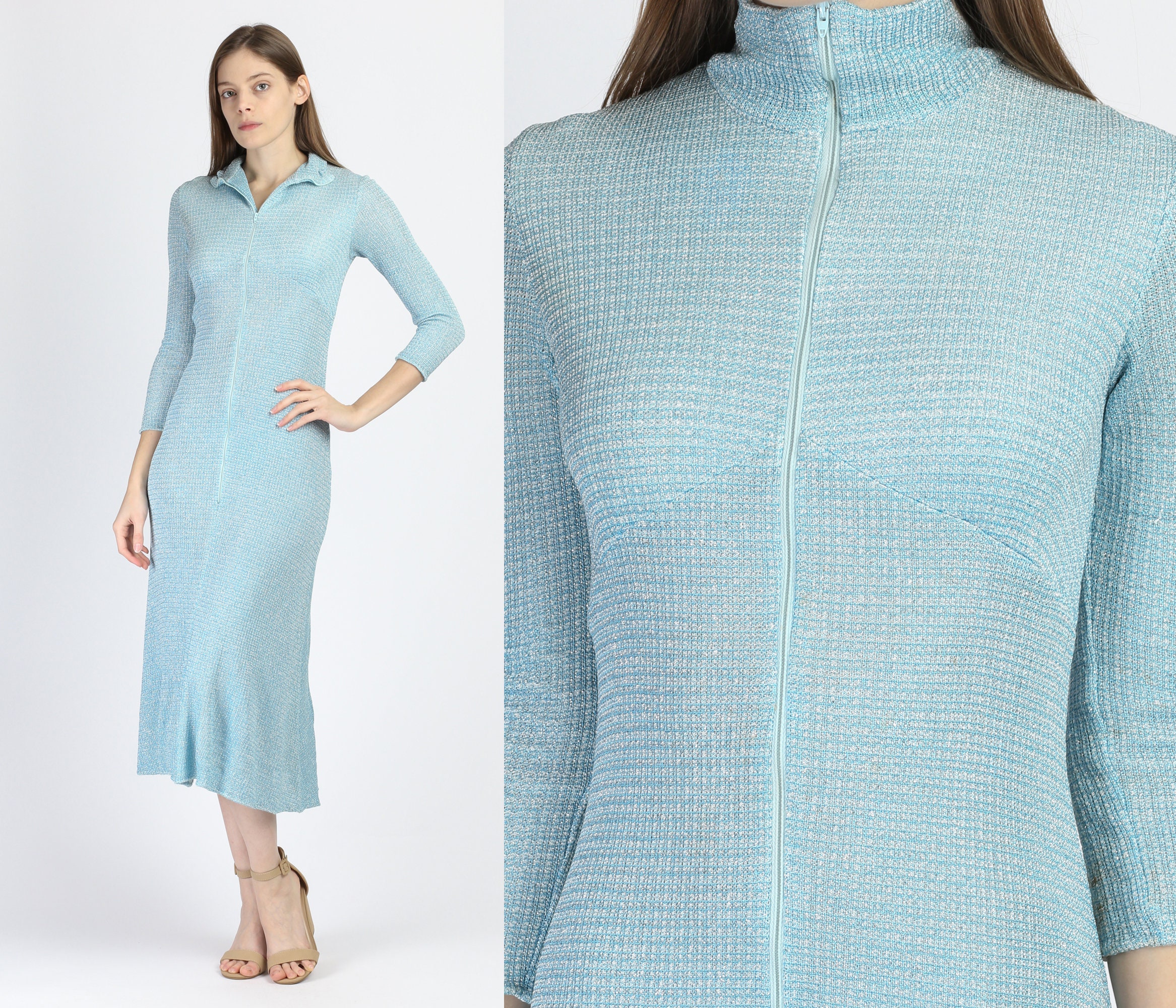 70s Joseph Magnin Blue Lurex Midi Dress 
