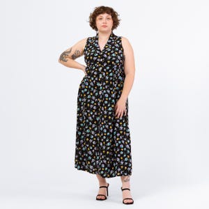 Vintage 90s Black Floral Sleeveless Maxi Sundress - Large, Size 14 | Boho Button Up Collared Tie Back Grunge Dress
