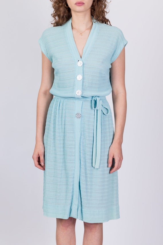 40s Robin's Egg Blue Knit Button Up Day Dress Med… - image 2