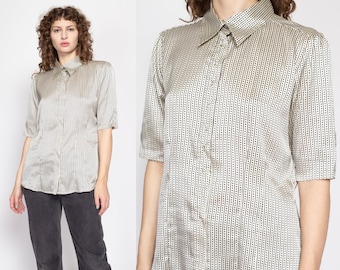 Large 80s Black & White Polka Dot Satin Shirt | Vintage Button Up Short Sleeve Collared Shirt