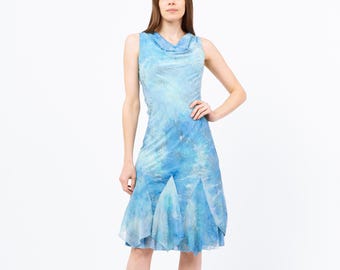 Abito da festa Y2K in stile anni '30, con scollo a cappuccio, blu tie-dye - Petite Small / Abito midi senza maniche attillato con orlo a sciarpa vintage