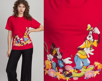 90s Goofy & Mickey Catching Butterflies T Shirt Medium | Vintage Disney Cartoon Red Floral Butterfly Tee