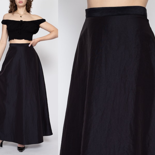 Sm-Med 90s Formal Black Taffeta Maxi Skirt | Vintage Floor Length High Waisted A Line Flowy Skirt