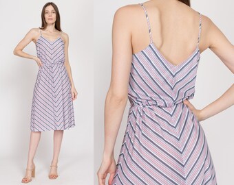 Sm-Med 70s Chevron Striped Midi Sundress | Vintage Pink Blue Boho Spaghetti Strap Blouson Dress